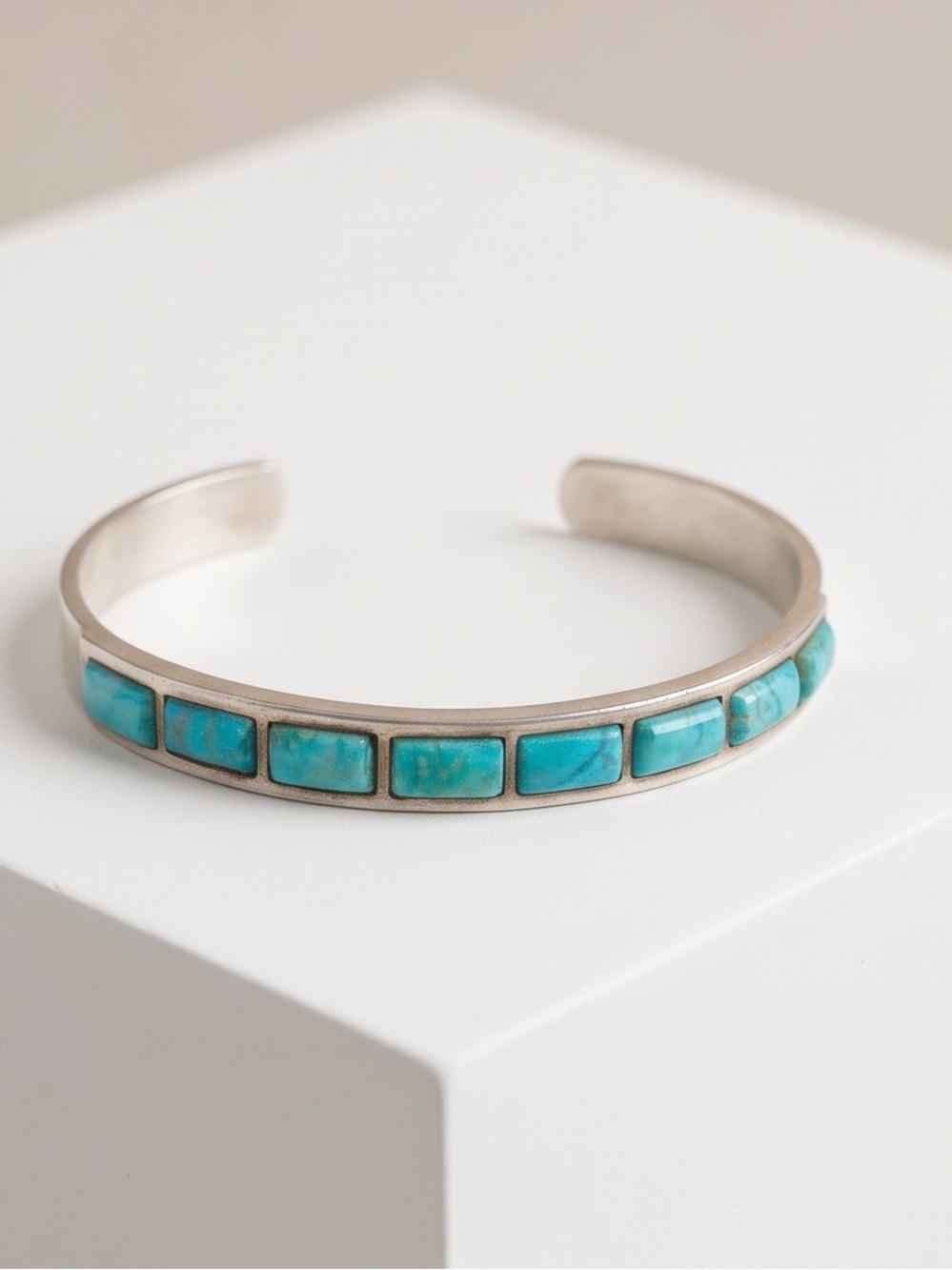 Handcrafted 925 Sterling Silver & Turquoise Inlay Cuff Bracelet - Used